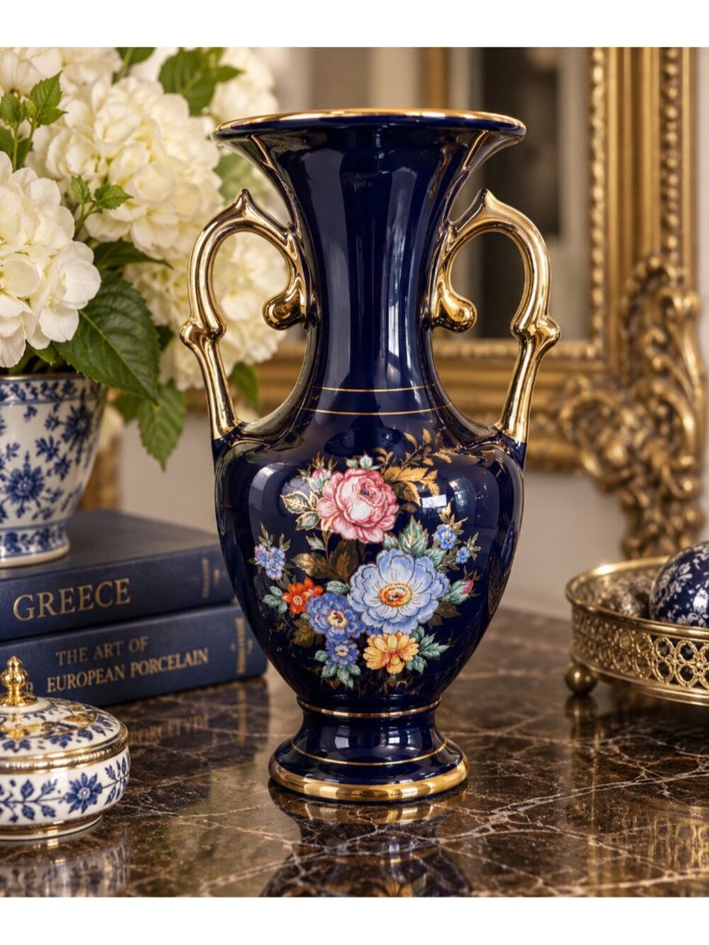 I Spyropoulos Vase 9.75" Cobalt Blue 24K Gold Handmade Greece Floral Porcelain